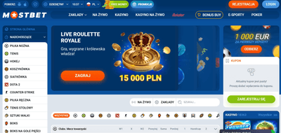 Interfejs Mostbet pokazujący zakłady sportowe i kasyno